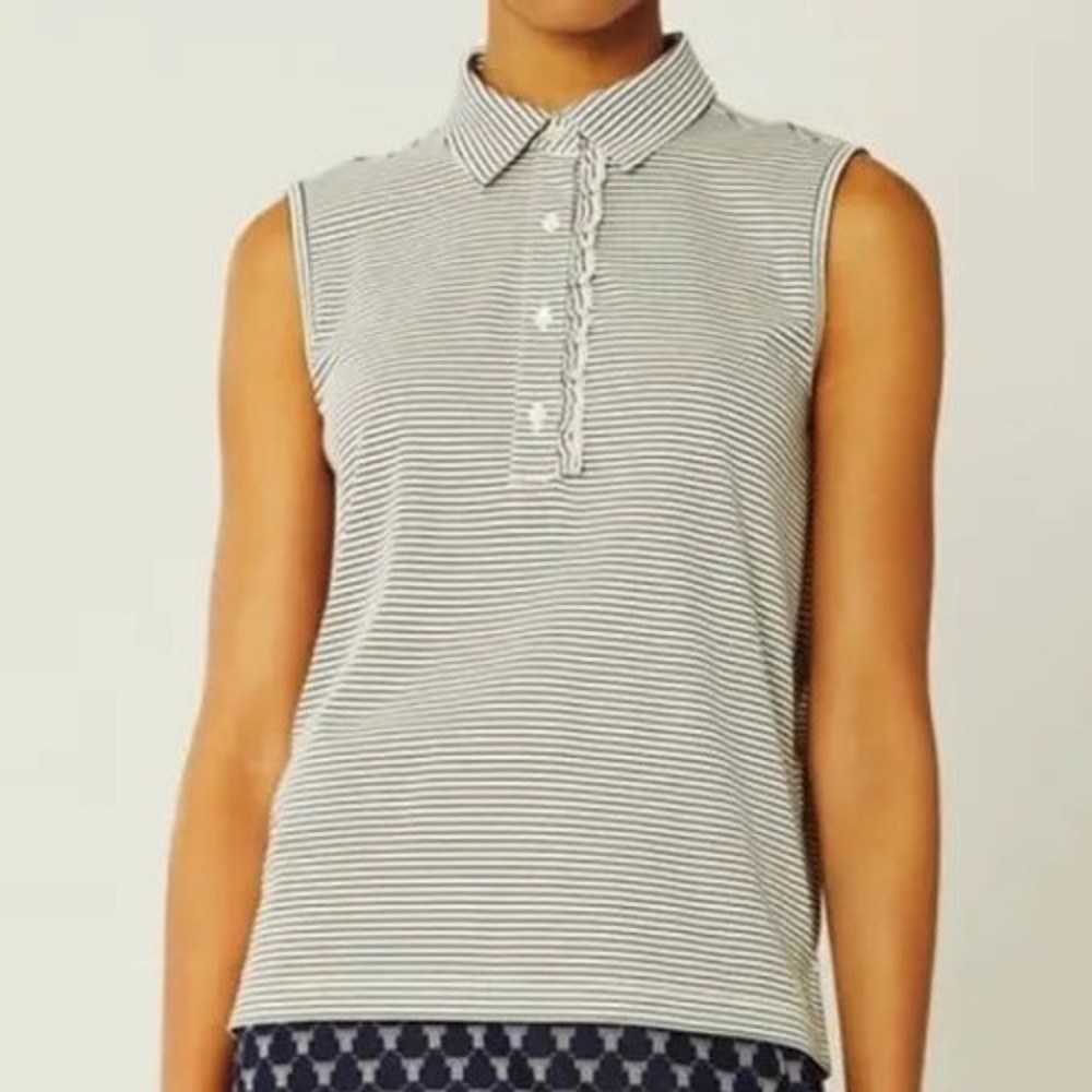 Tory Sport Women Navy White Striped Ruffle Sleeveless Polo Golf Tennis Shirt L